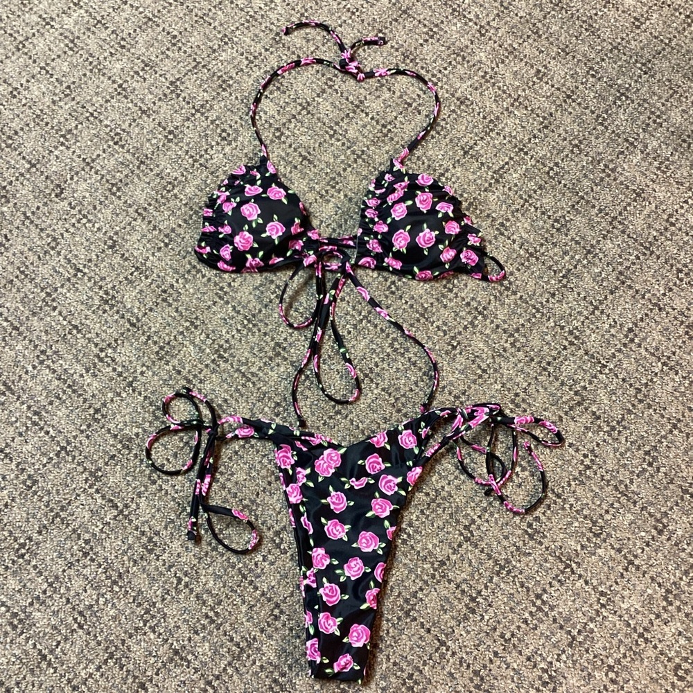 SHEIN Pink Black Green Floral String Bikini Set with Pink Roses * Size S * NWOT